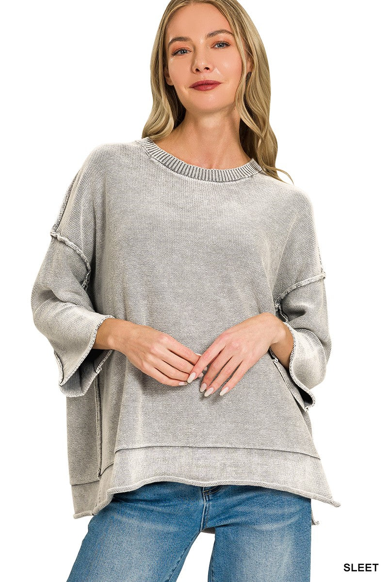 Washed 3/4 Sleeve Boxy Sweater - Assorted