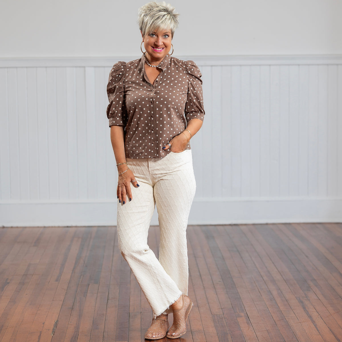 Betty Top - Mocha Polka Dot