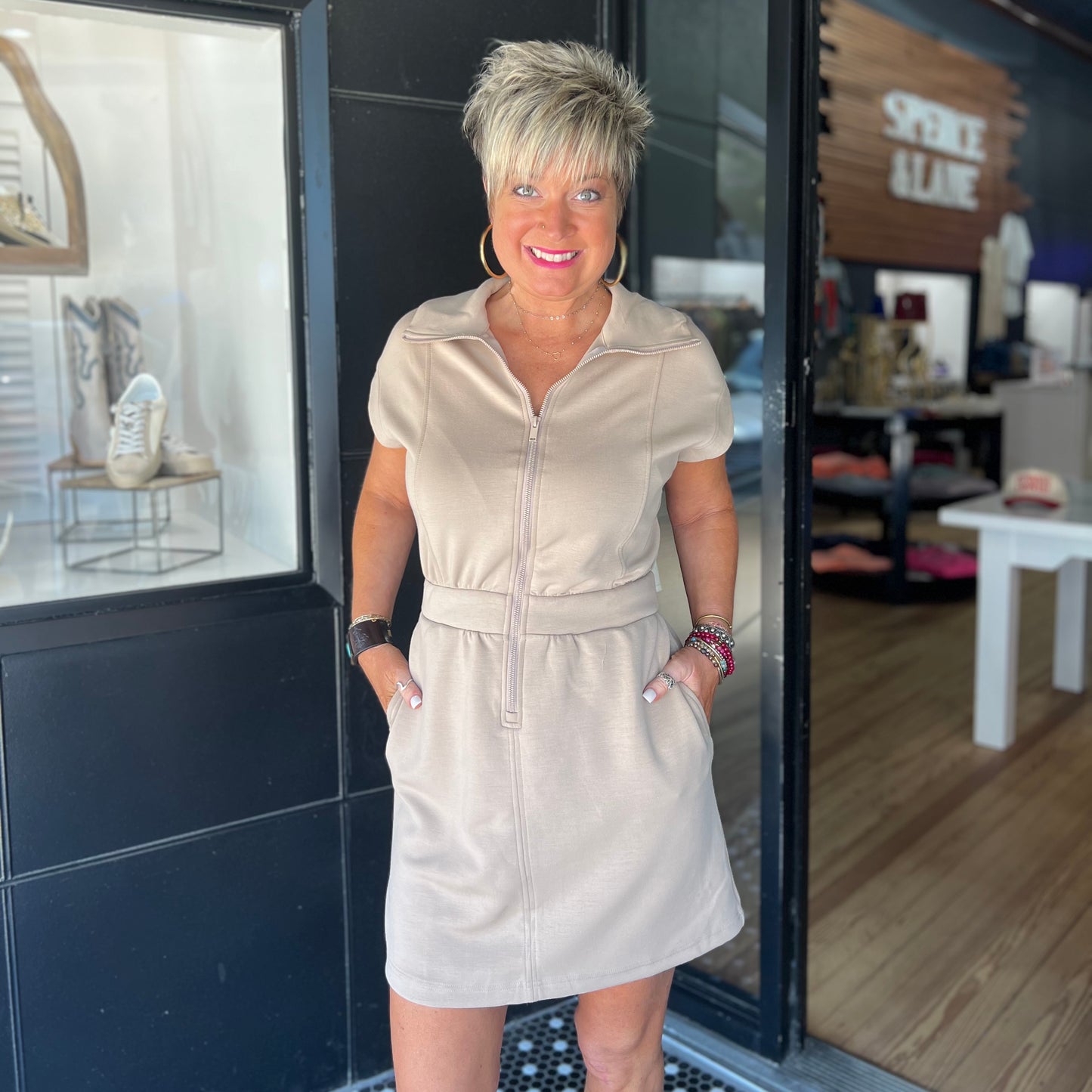 Scuba Luxe Half-Zip Mini Dress - Taupe