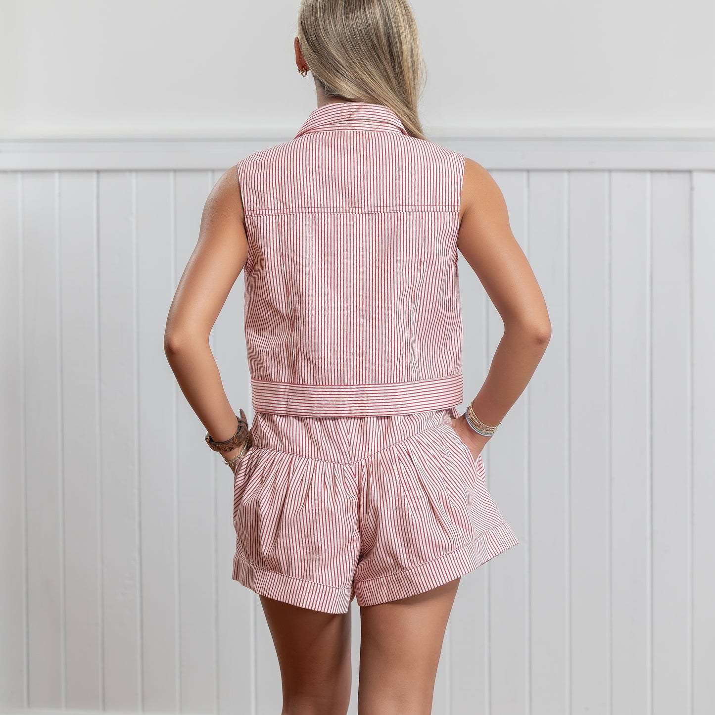 Railroad Pleated Short - Red Stripe