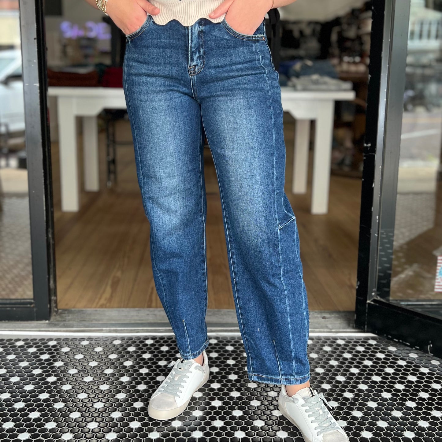 Risen High-Rise Barrel Jeans- Dark