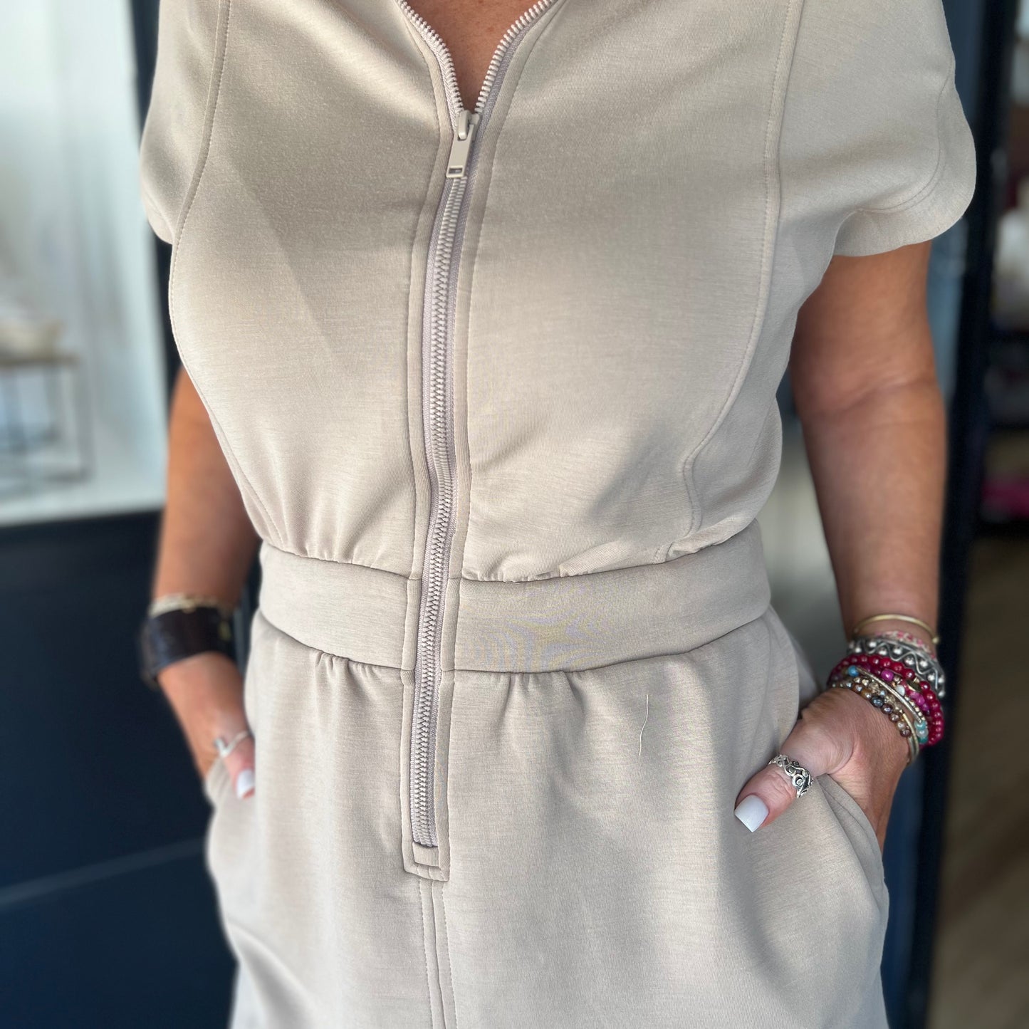 Scuba Luxe Half-Zip Mini Dress - Taupe