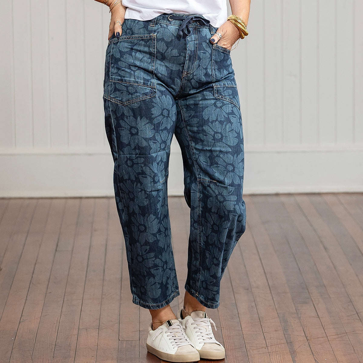 Risen Slouchy Crop Barrel Jeans - Floral