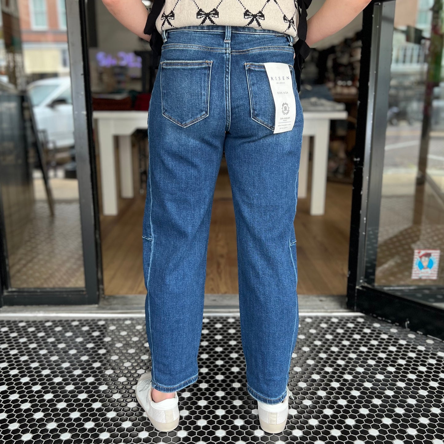 Risen High-Rise Barrel Jeans- Dark