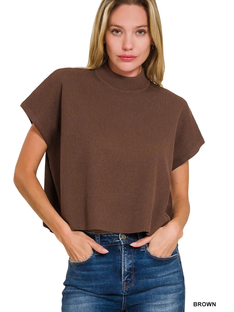 Mock Neck Short Sleeve Cropped Sweater - Brown
