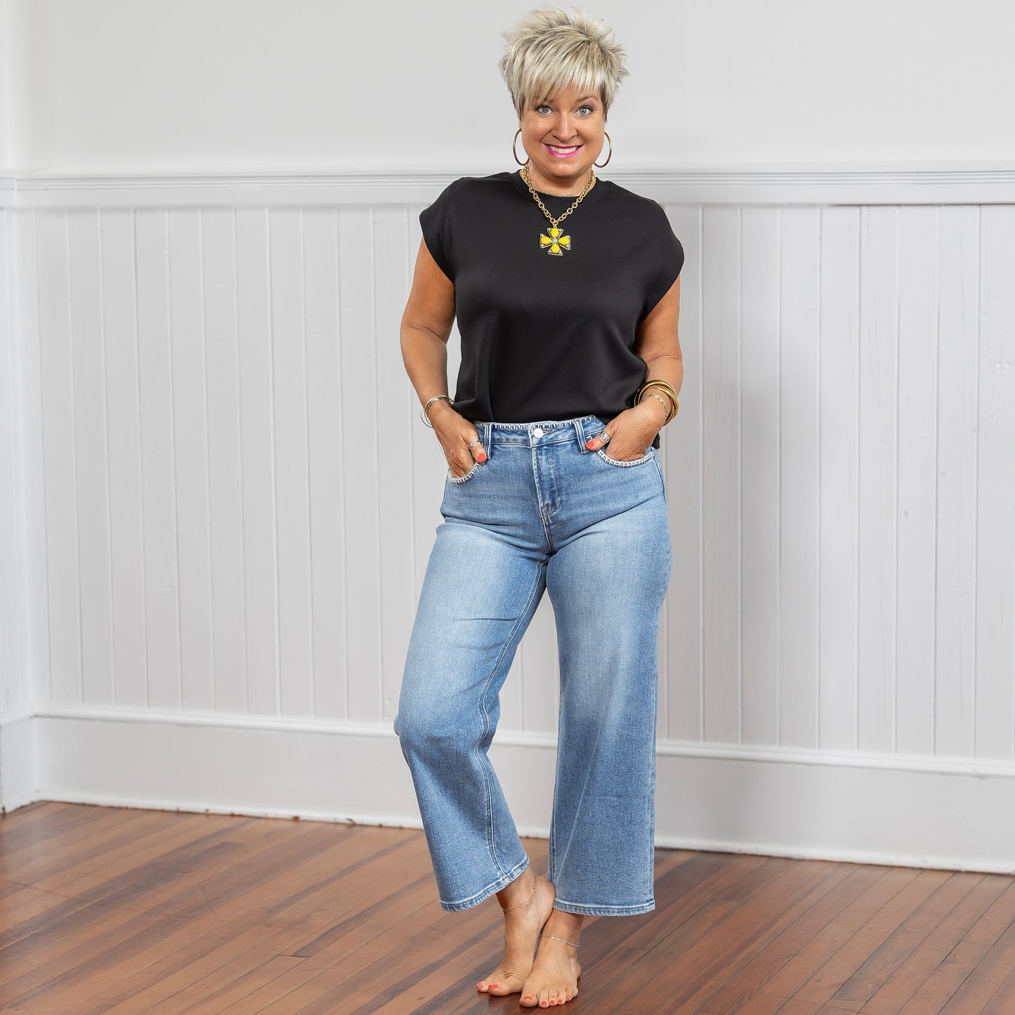 Risen HR Crop Wide Jeans - Pocket Stitching