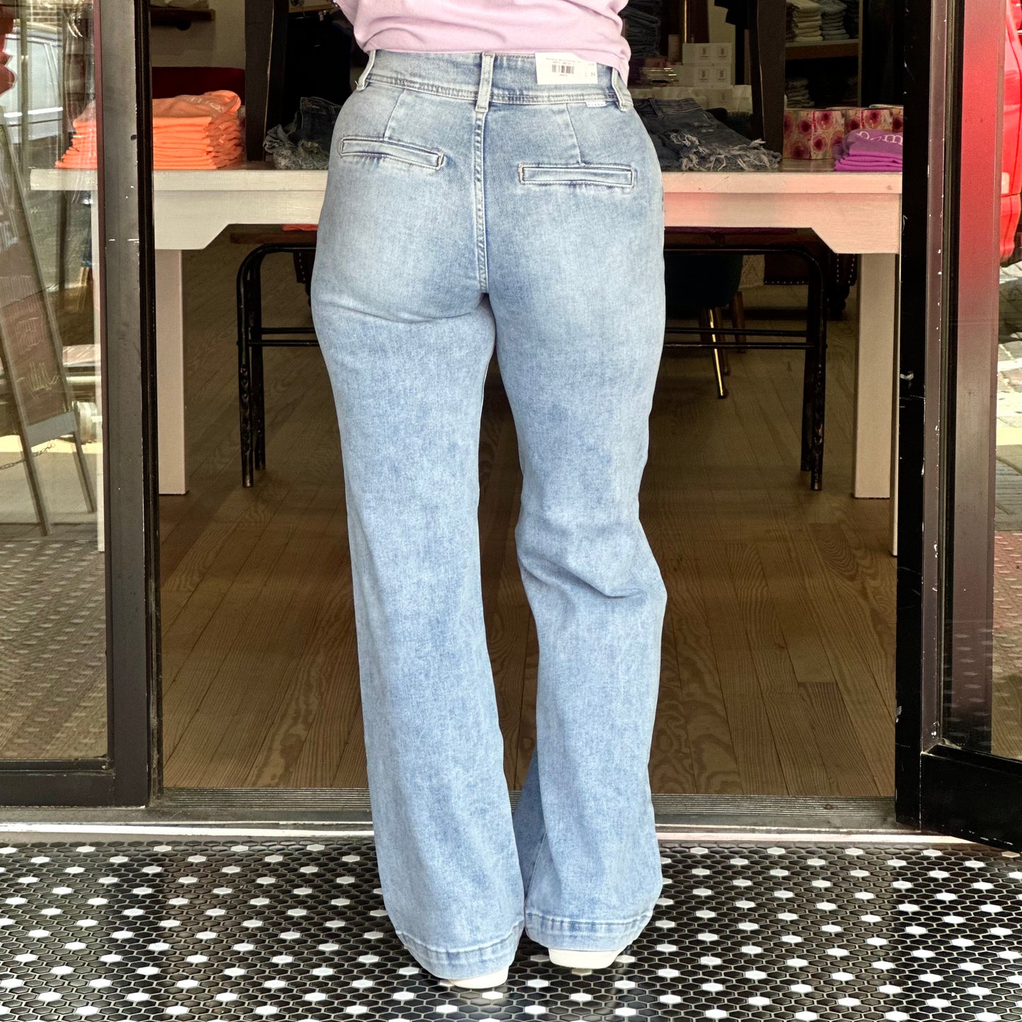 Risen High Rise Wide Leg Double Button Jeans