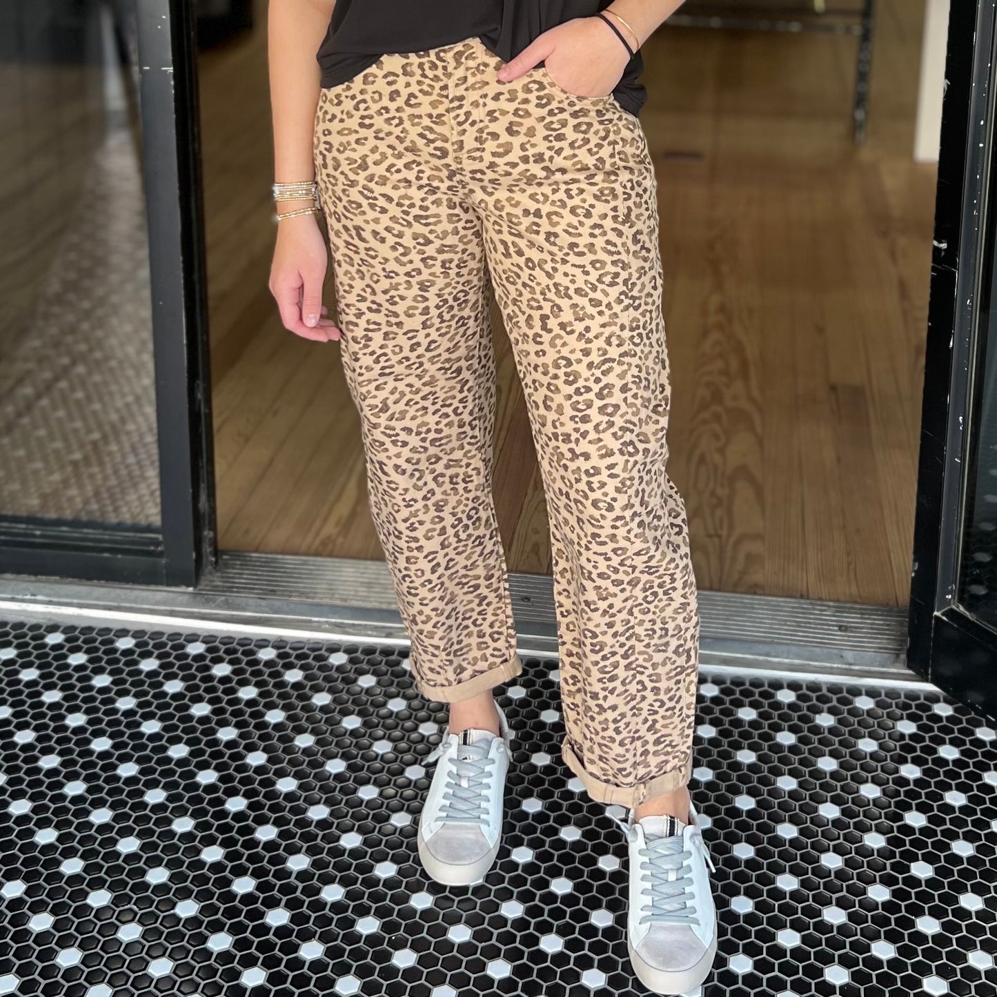Risen HR Crop Barrel Cuffed Jeans- Leopard