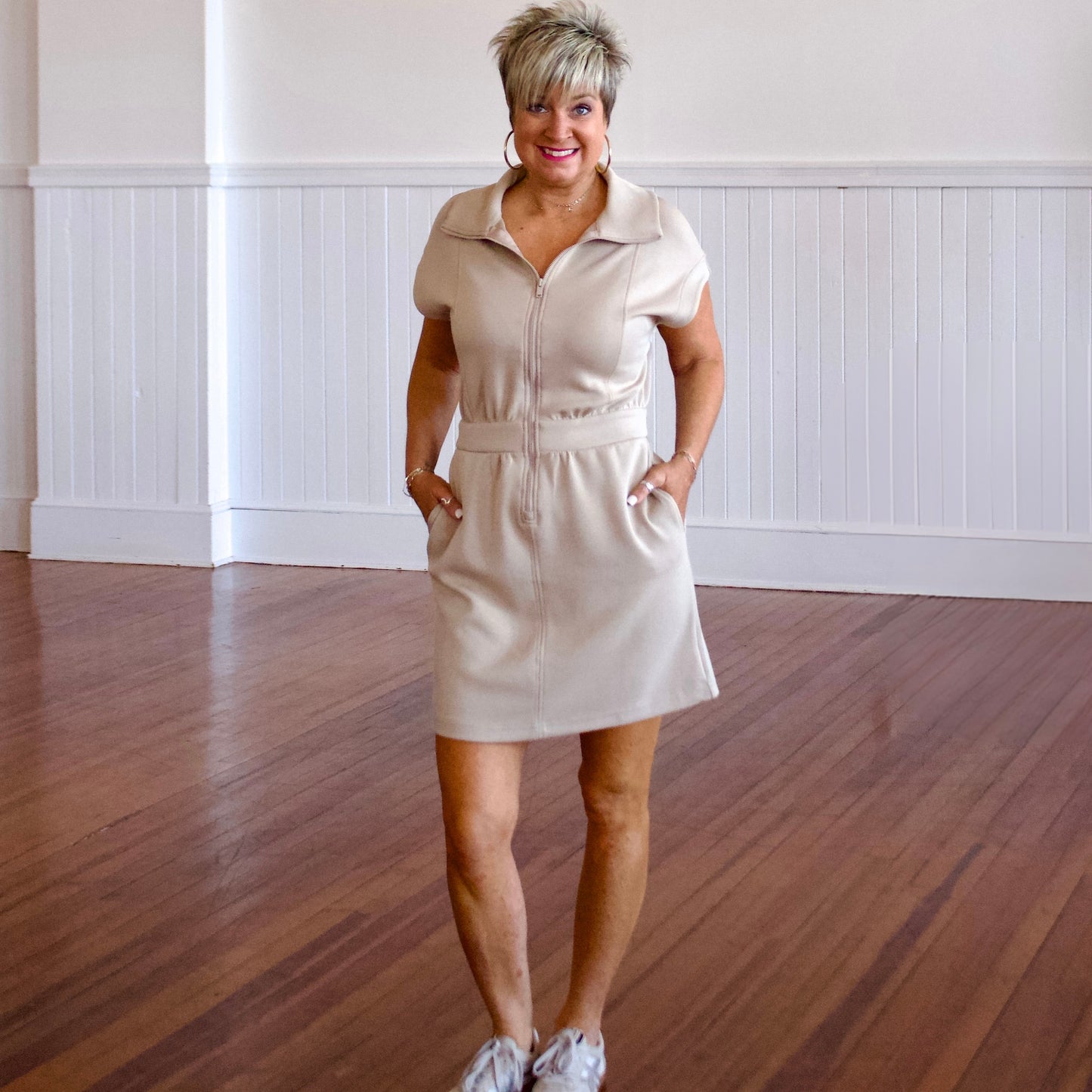 Scuba Luxe Half-Zip Mini Dress - Taupe