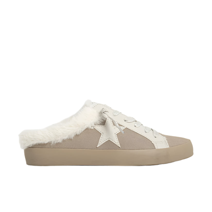 Beige slip-on sneaker with white fur lining on a white background