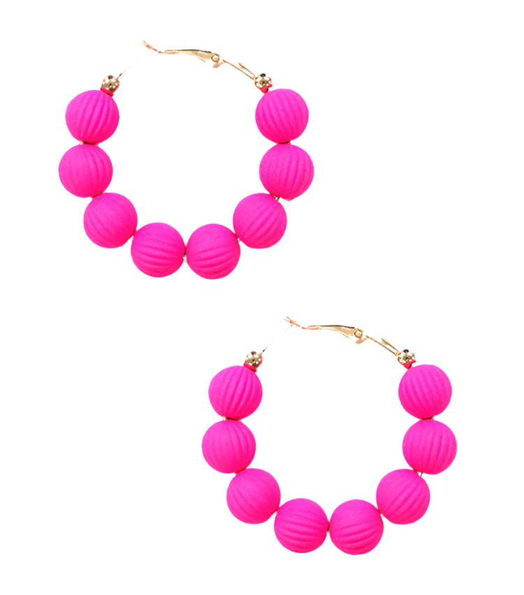 40MM Bead Textured Ball Hoops - Fuchsia
