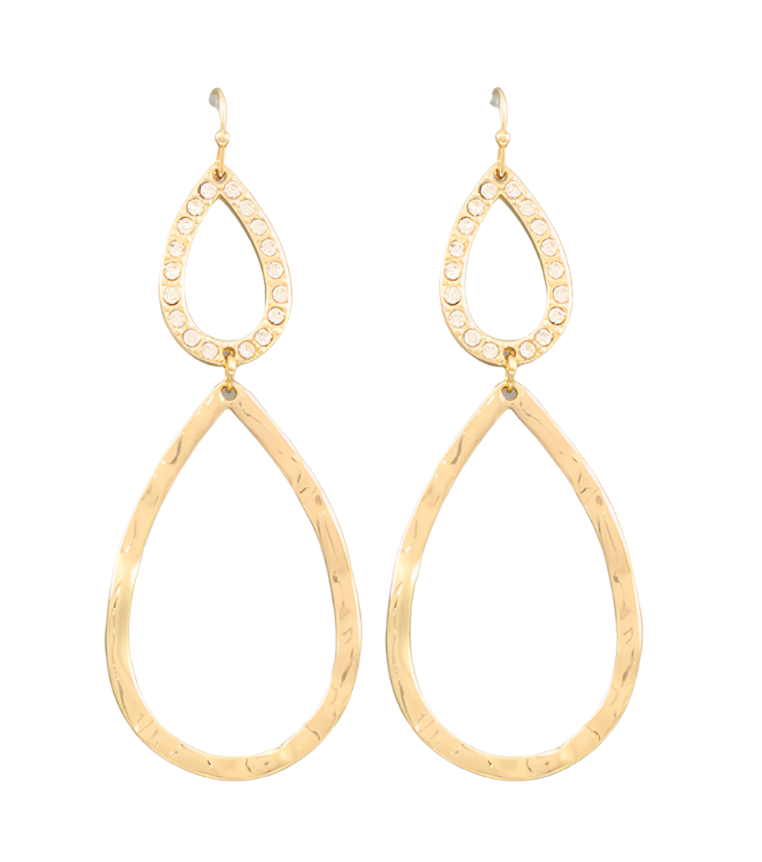 Crystal and Hammered Teardrop Earring - Gold