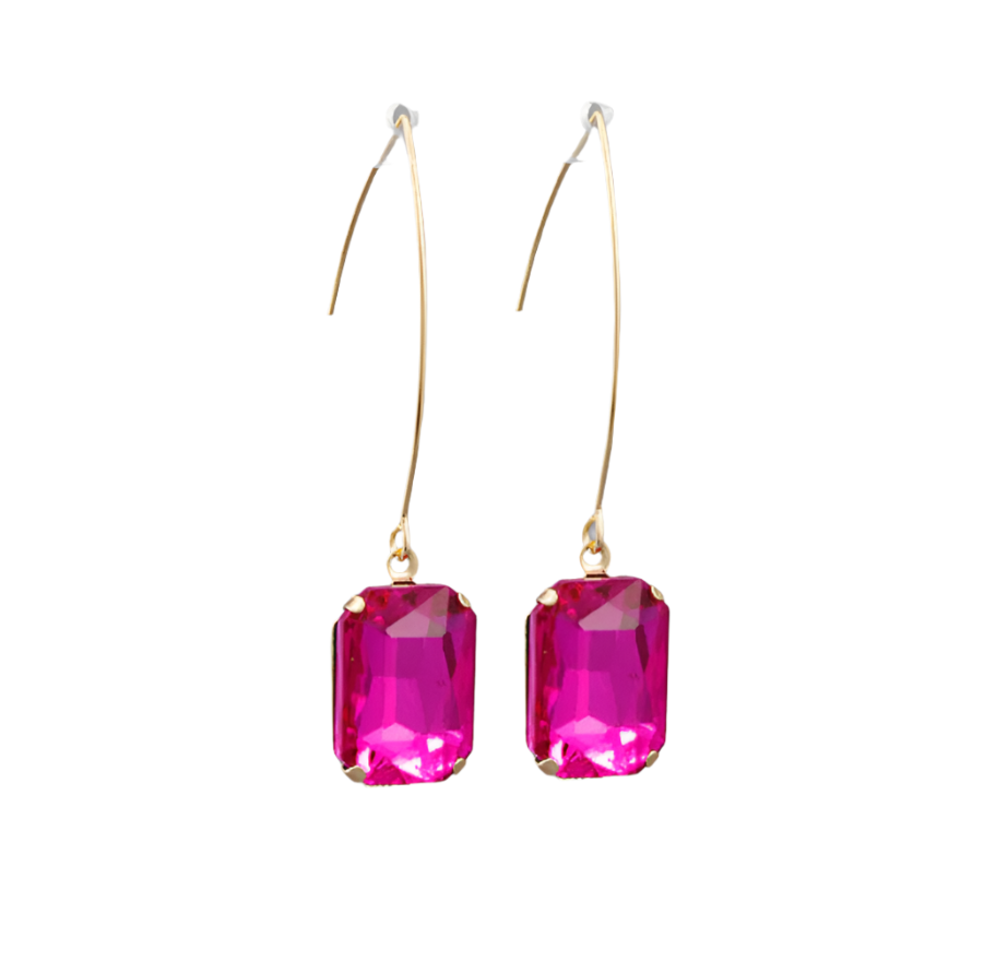 Round Glass Stone Earrings- Fuchsia