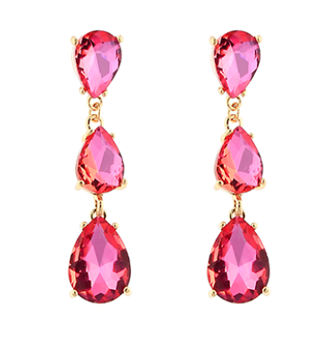 Linked 3 Stone Teardrop Earrings - Pink/AB