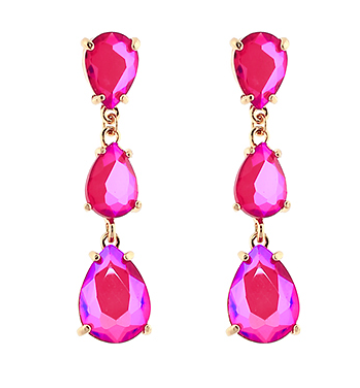 Linked 3 Stone Teardrop Earrings - Fuchsia/AB