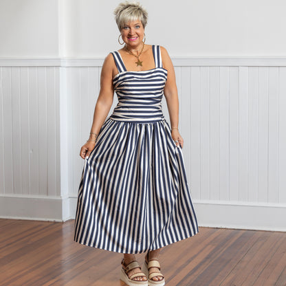 Georgie Gathered Dress - Navy Stripe