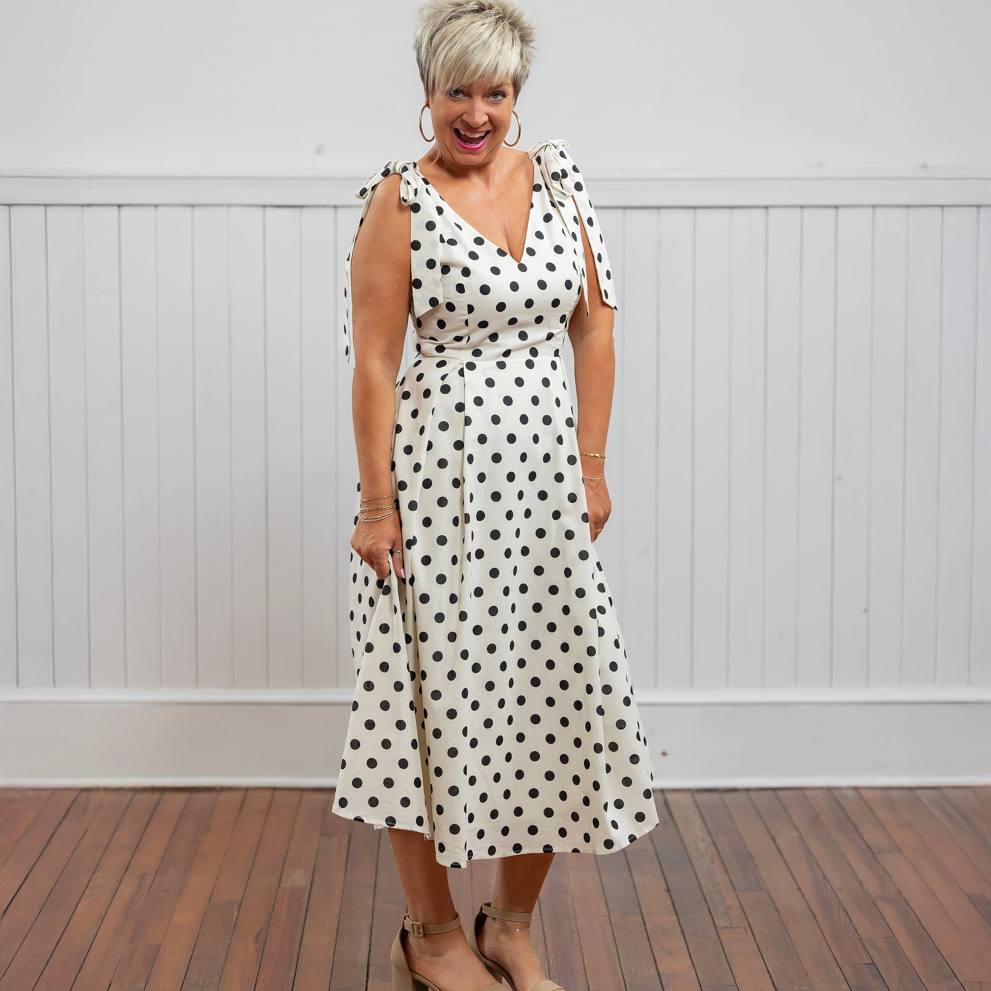 polka dot dress designer Cream Polka Dot Cotton Midi Dress self-portrait-US