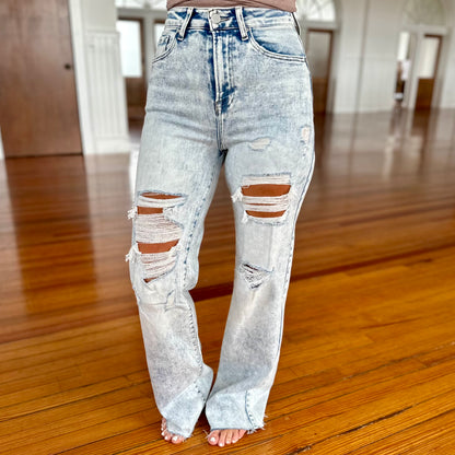 Risen High Rise Wide Leg Jeans - Acid Wash