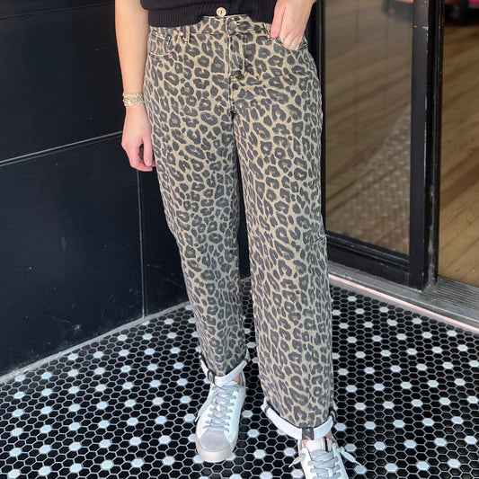 Risen Midrise Leopard Barrel Jeans - Coffee