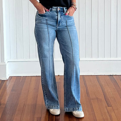 Risen High Waist Wide Leg Pintuck Jeans - Medium