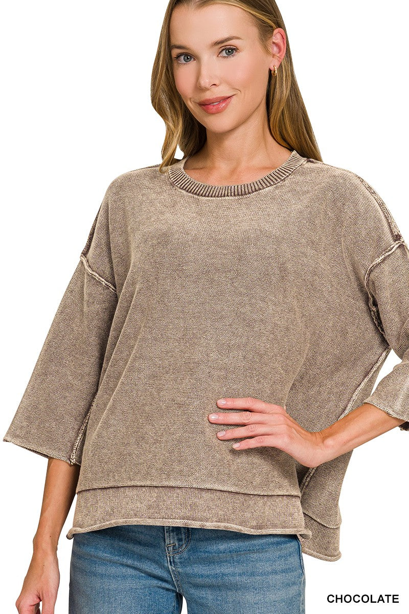 Washed 3/4 Sleeve Boxy Sweater - Assorted