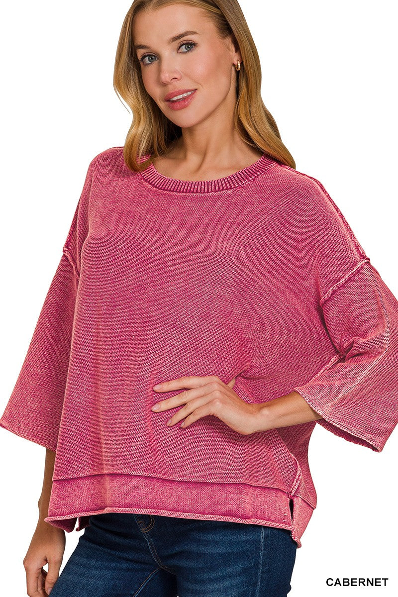 Washed 3/4 Sleeve Boxy Sweater - Assorted