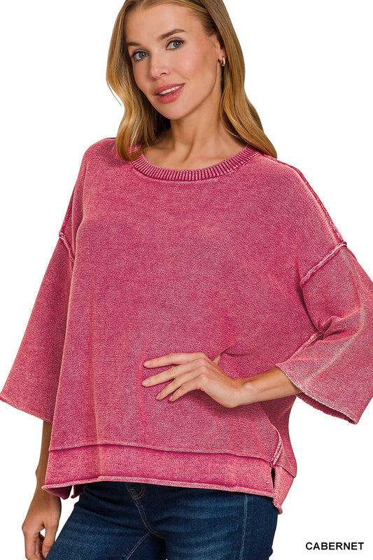 Washed 3/4 Sleeve Boxy Sweater - Assorted
