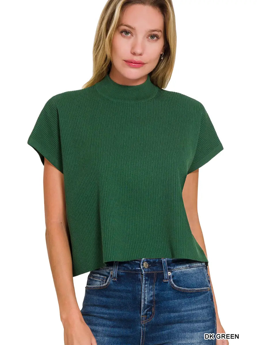 Mock Neck Short Sleeve Cropped Sweater - Dark Green