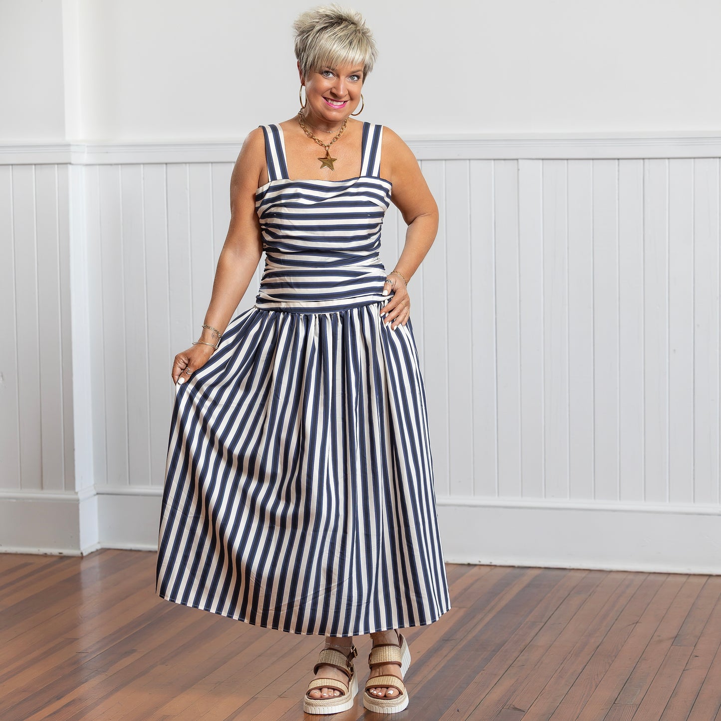 Georgie Gathered Dress - Navy Stripe