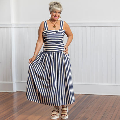 Georgie Gathered Dress - Navy Stripe