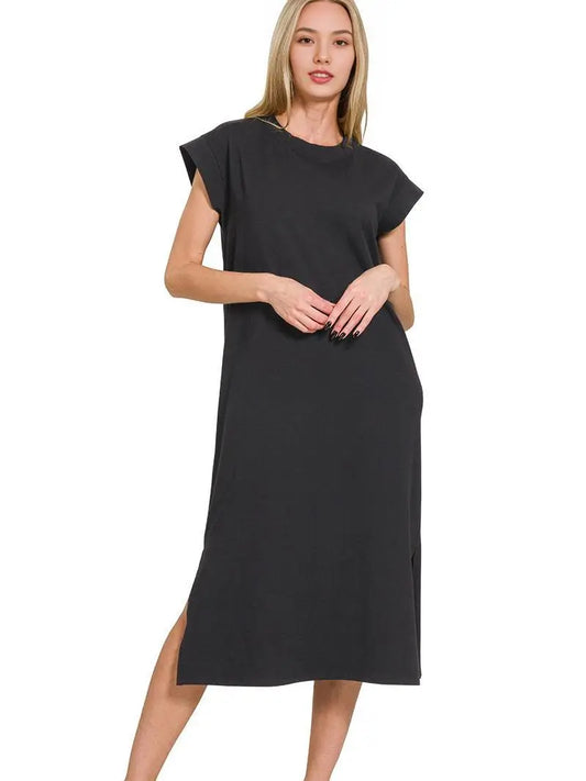 Midi Dress w/Slit - Black