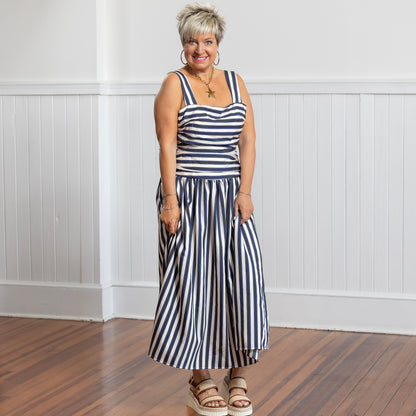Georgie Gathered Dress - Navy Stripe
