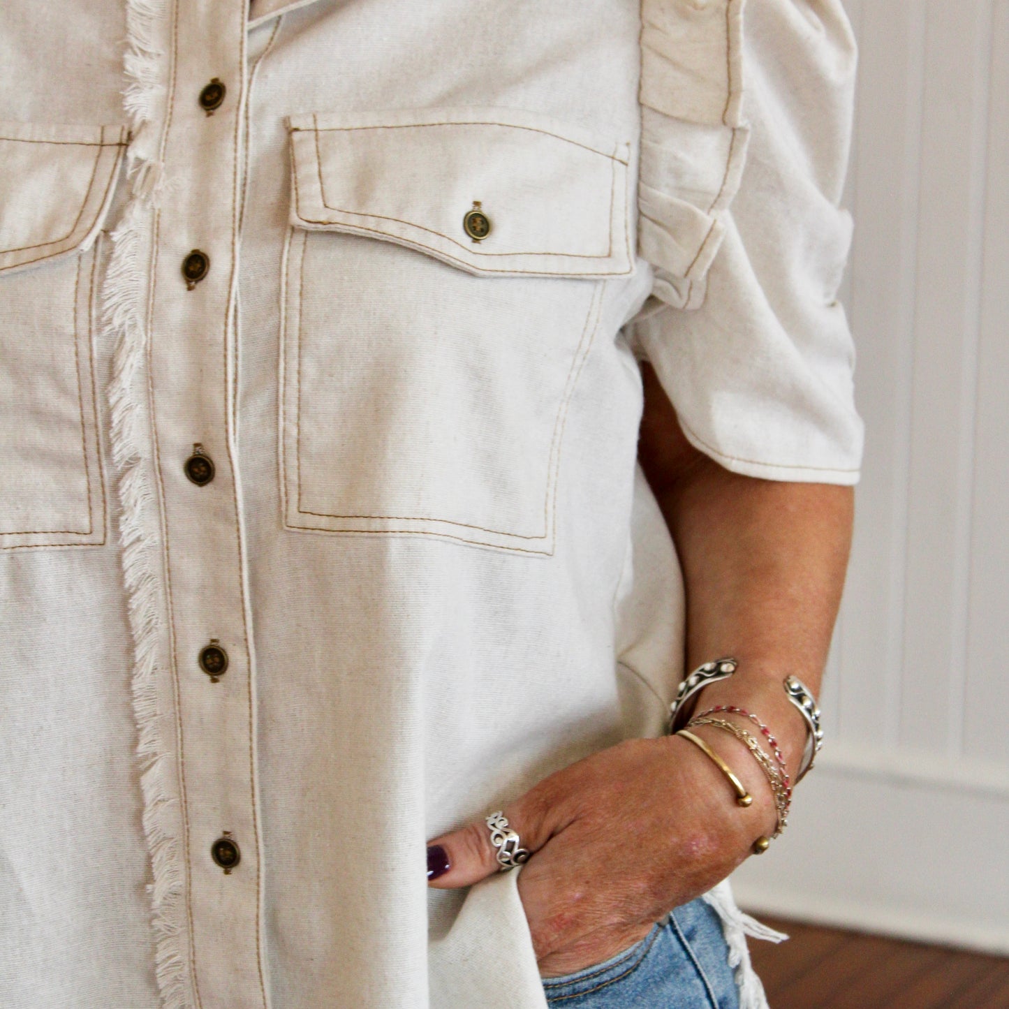 Button & Flare Top- Oatmeal