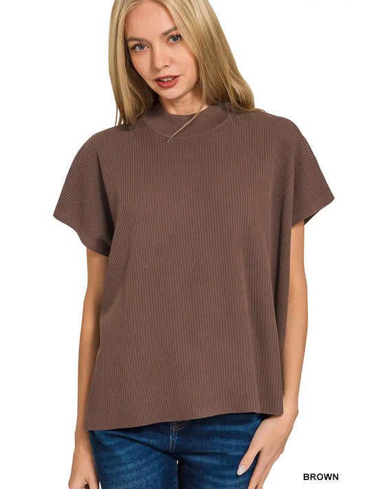 Mock Neck Short Sleeve Sweater - Brown
