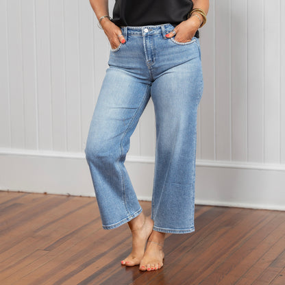 Risen HR Crop Wide Jeans - Pocket Stitching