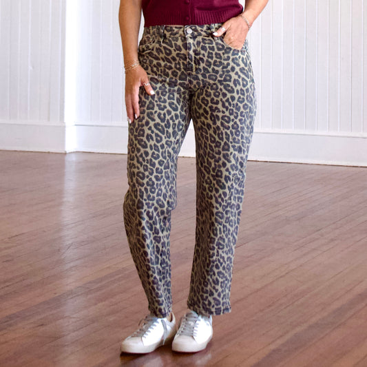 Risen Midrise Leopard Barrel Jeans - Coffee