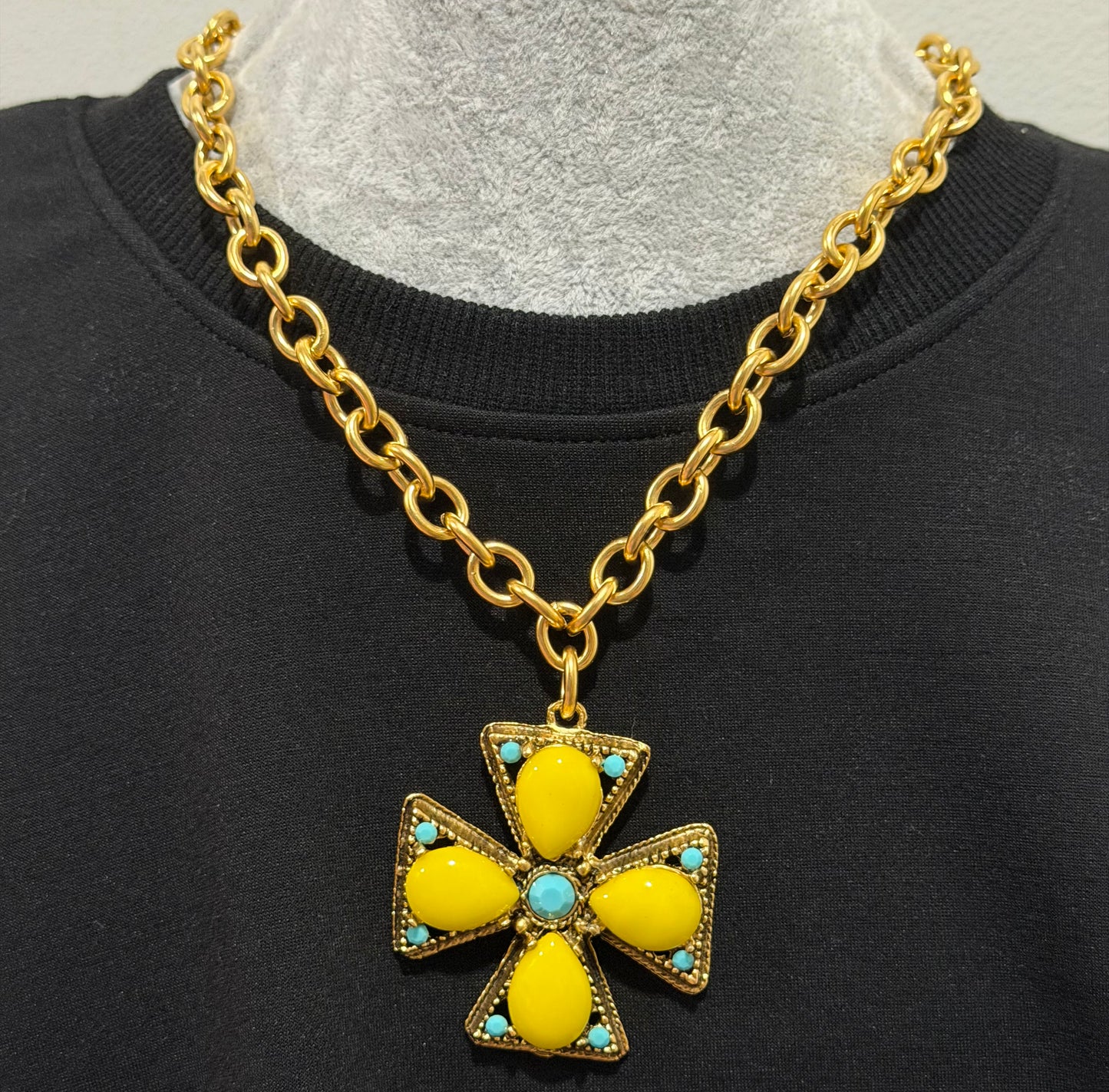 Square Cross Necklace - Yellow/Trq.