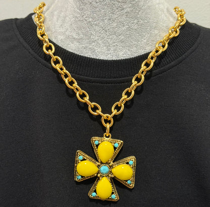 Square Cross Necklace - Yellow/Trq.