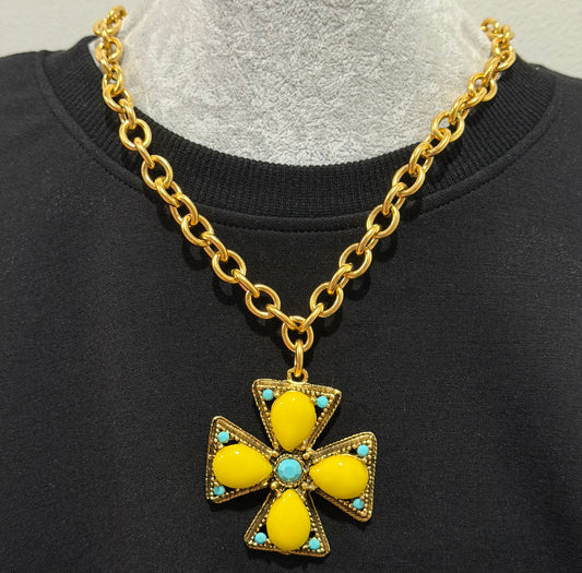 Square Cross Necklace - Yellow/Trq.