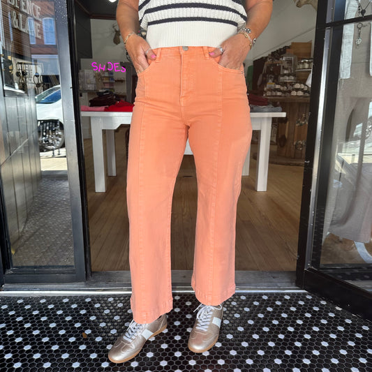 Risen TC- High Rise- Crop Wide Jeans- Coral Peach