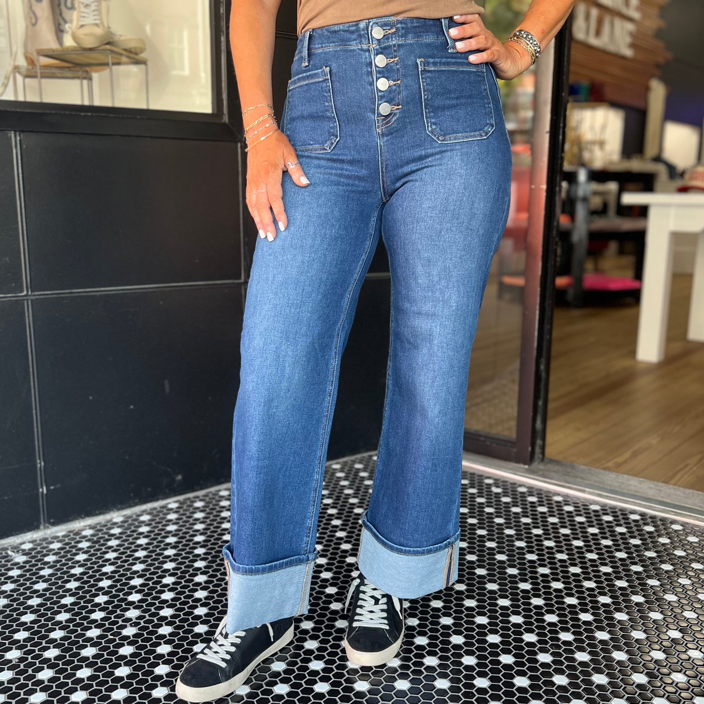 Risen HR Ankle Wide Cuffed Jeans - Dark