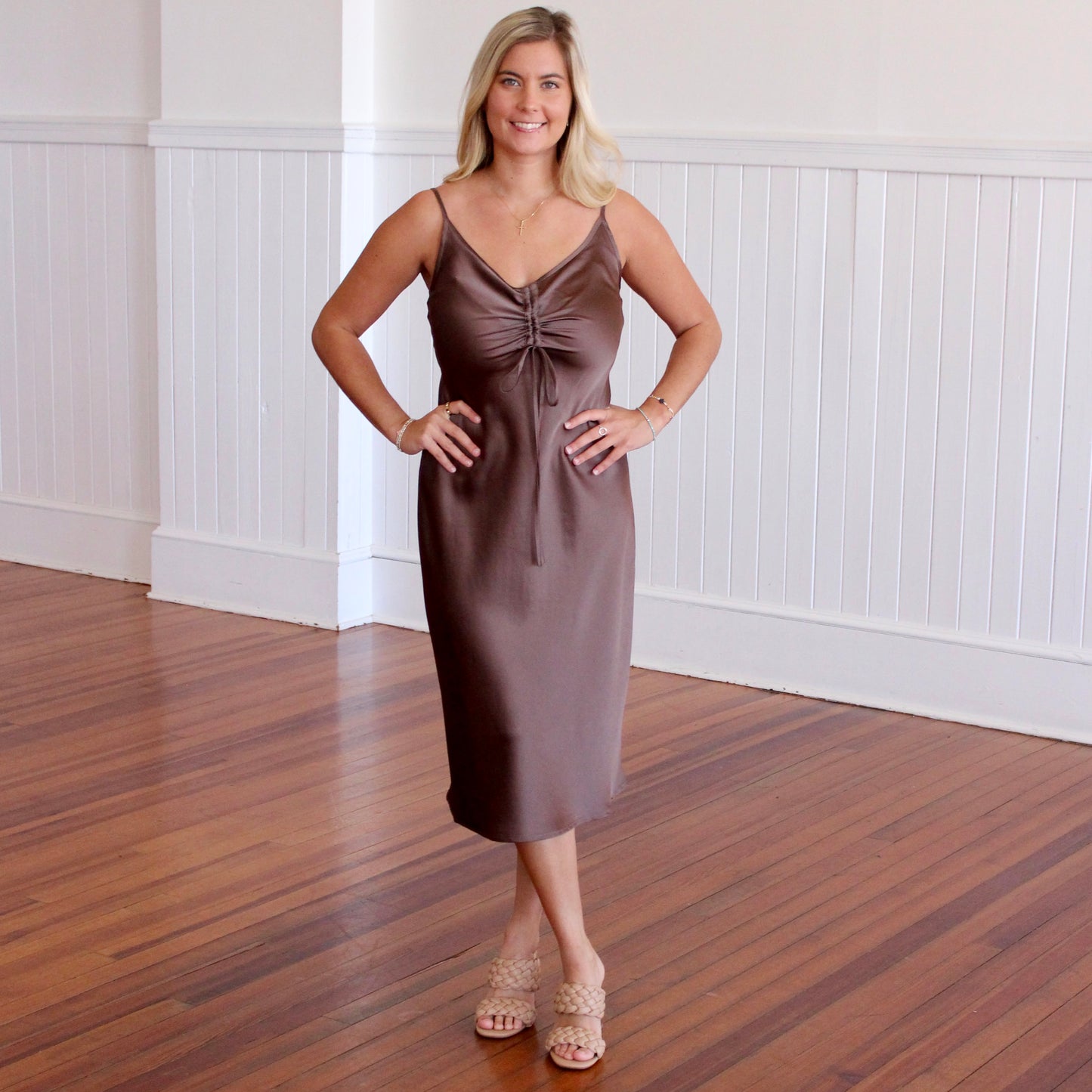 Livvy Satin Slip Dress- Brown