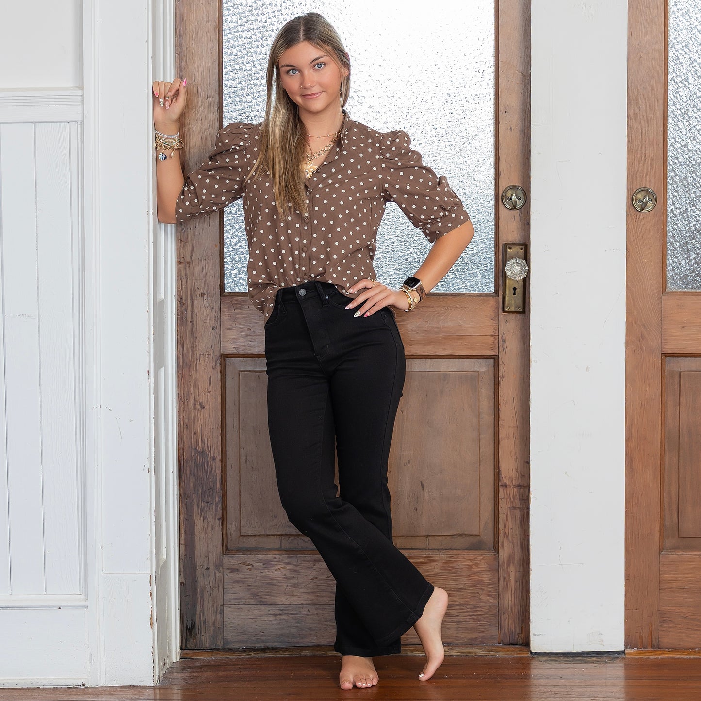 Betty Top - Mocha Polka Dot