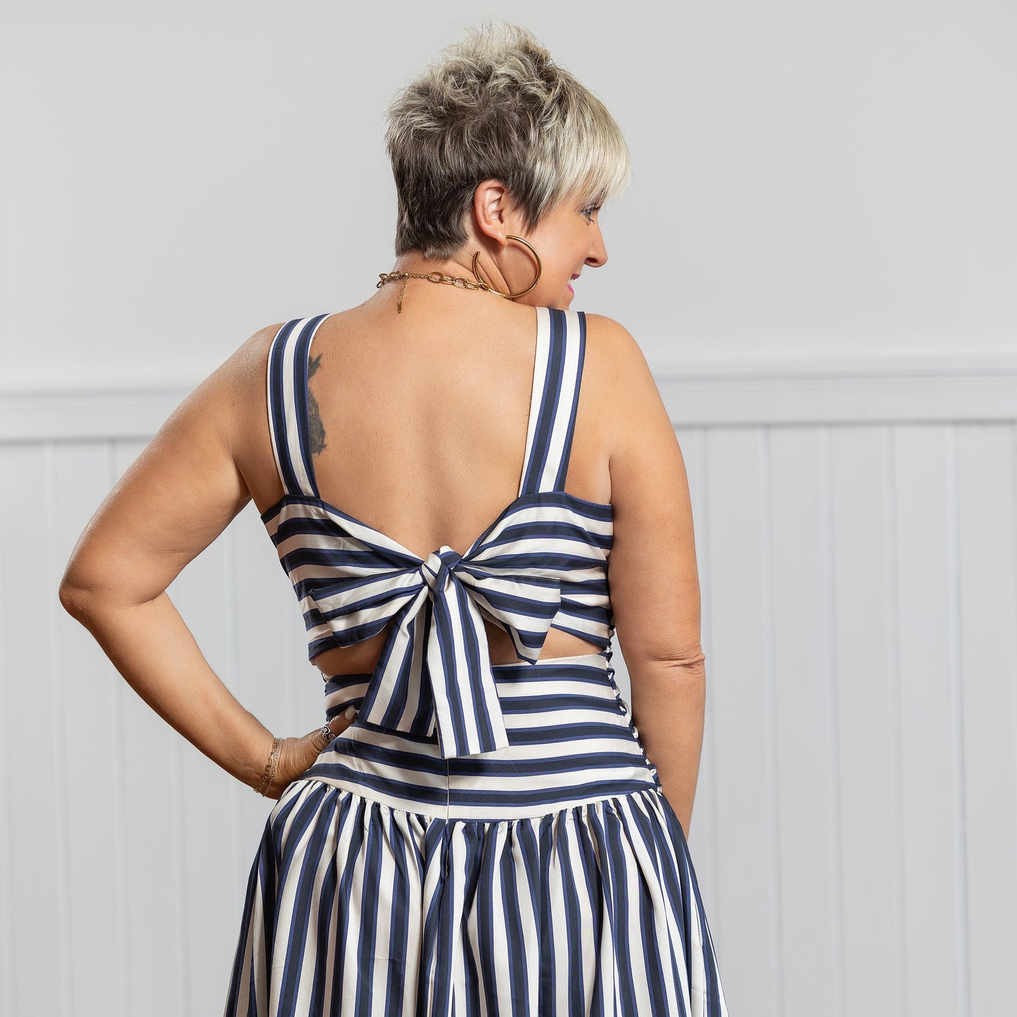 Georgie Gathered Dress - Navy Stripe