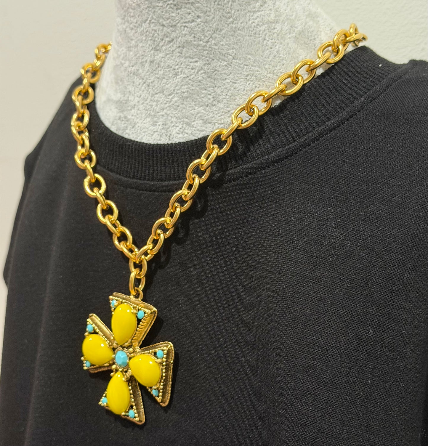 Square Cross Necklace - Yellow/Trq.
