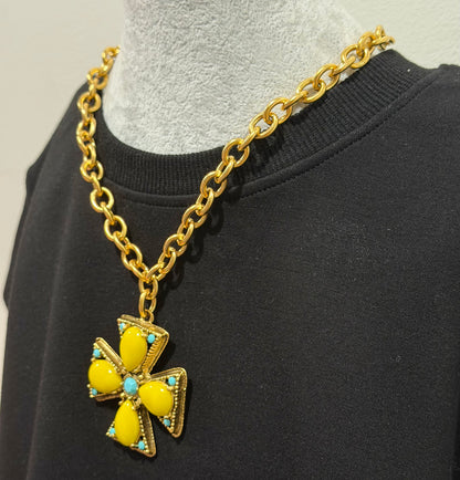 Square Cross Necklace - Yellow/Trq.