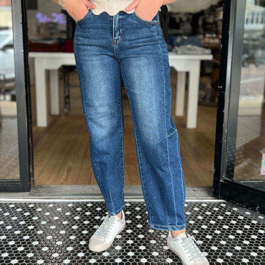 Risen High-Rise Barrel Jeans- Dark