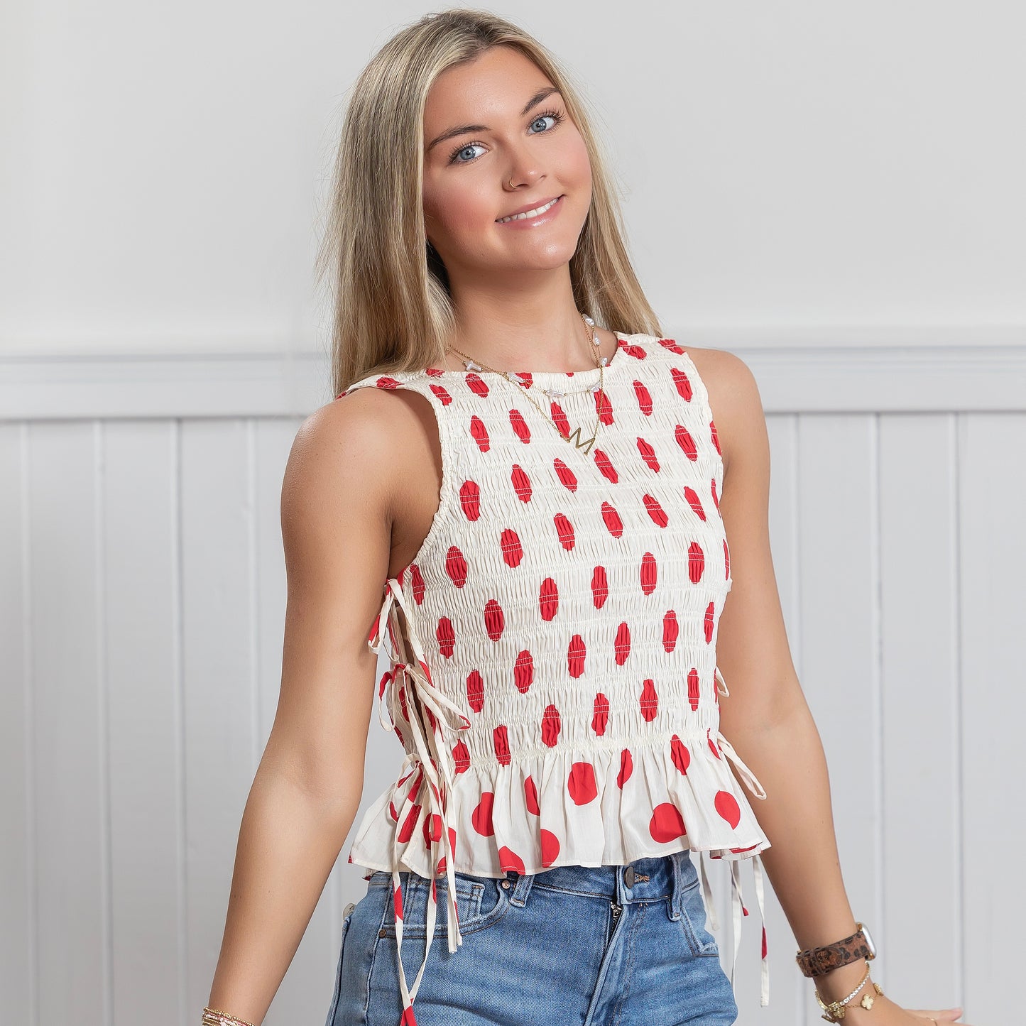 Norma Polka Dot Top - Red & Cream
