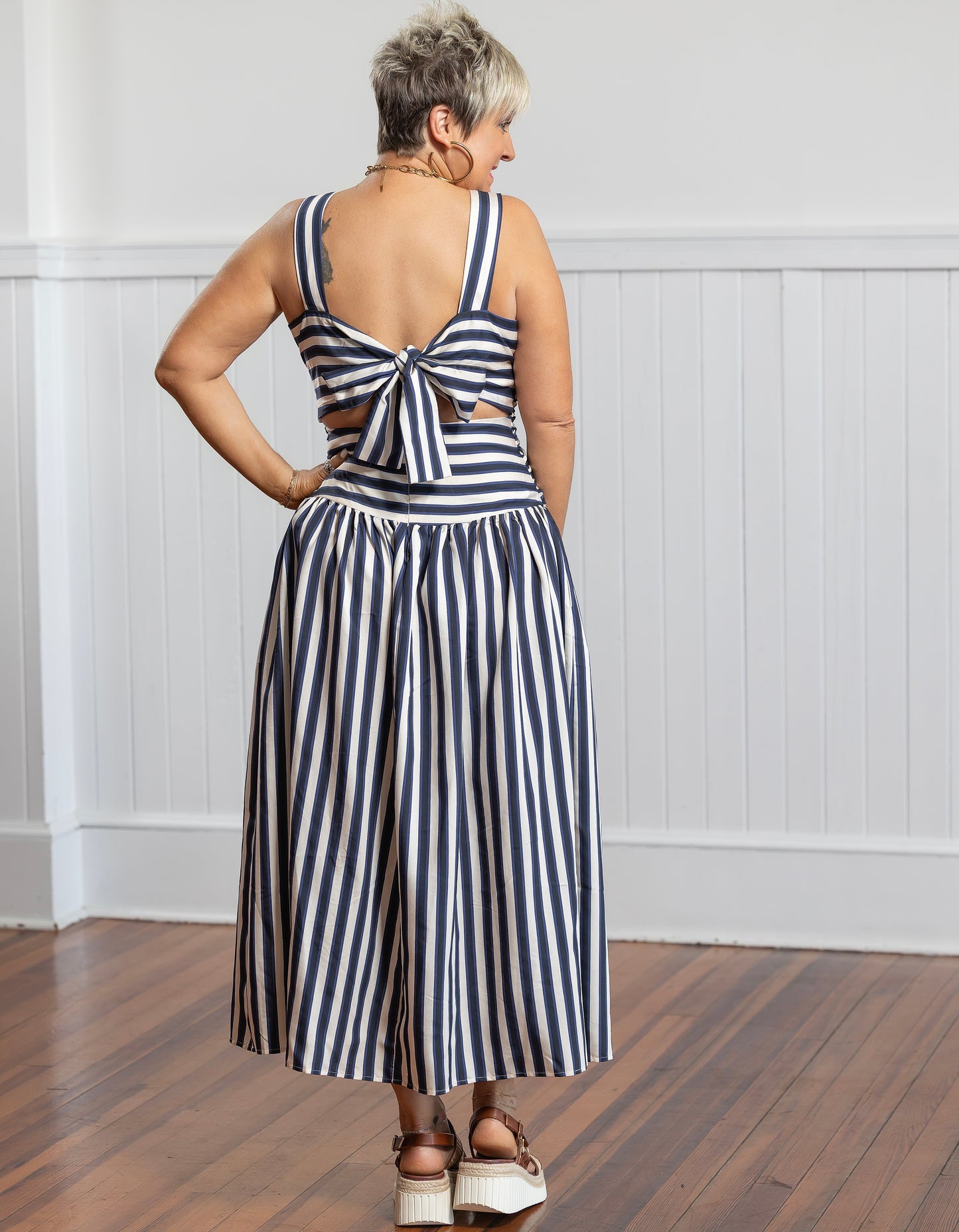 Georgie Gathered Dress - Navy Stripe