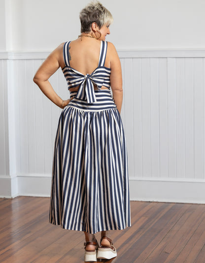 Georgie Gathered Dress - Navy Stripe